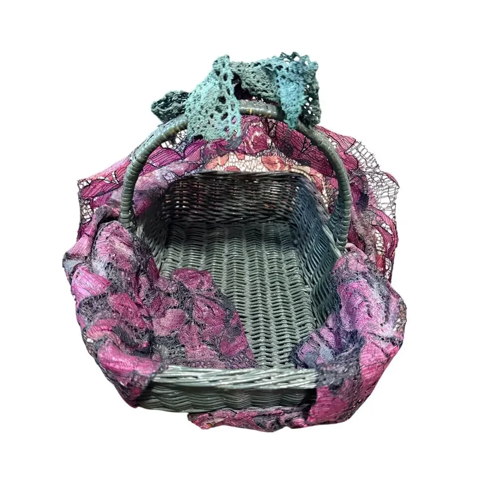 Vintage Green & Purple Lace Wrapped Basket